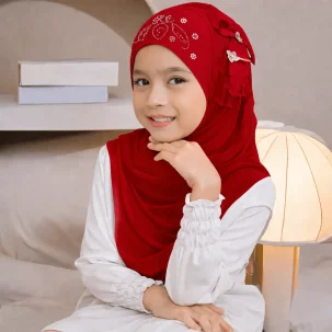 Kids Makna Hijab Small Size PK Fabric with 1 Flower - Red