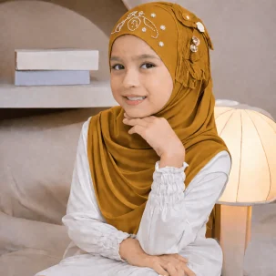 Kids Makna Hijab Medium Size PK Fabric with 2 Flower - Mustard