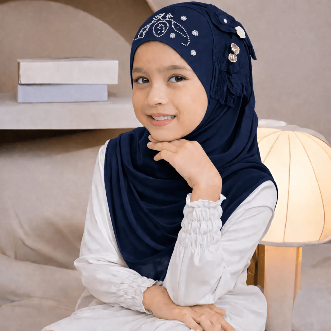 Kids Medium Size Makna Hijab PK Fabric with 2 Flower – Navy Blue 1 Kids Makna Hijab Medium Size PK Fabric with 2 Flower - Navy Blue