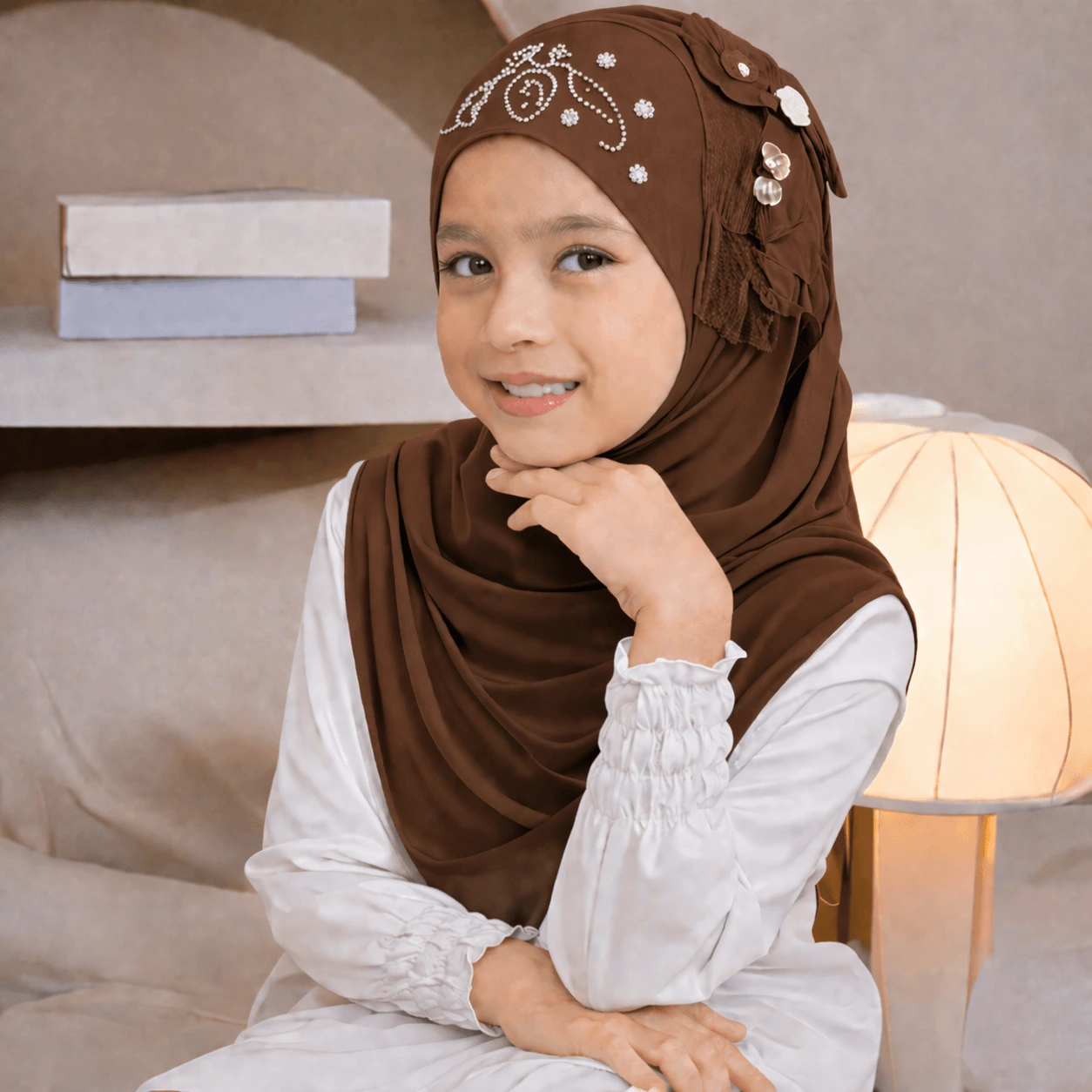 Kids Small Size Makna Hijab CHI Fabric with 1 Flower – Brown 1 Kids Makna Hijab Small Size CHI Fabric with 1 Flower - Brown