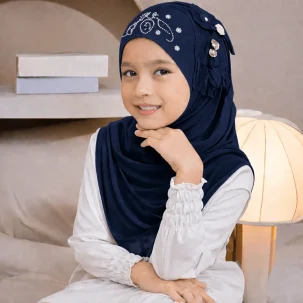 Kids Makna Hijab Small Size CHI Fabric with 1 Flower - Navy Blue