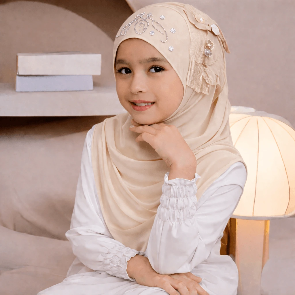 Kids Small Size Makna Hijab CHI Fabric with 1 Flower – Skin 1 Kids Makna Hijab Small Size CHI Fabric with 1 Flower - Skin